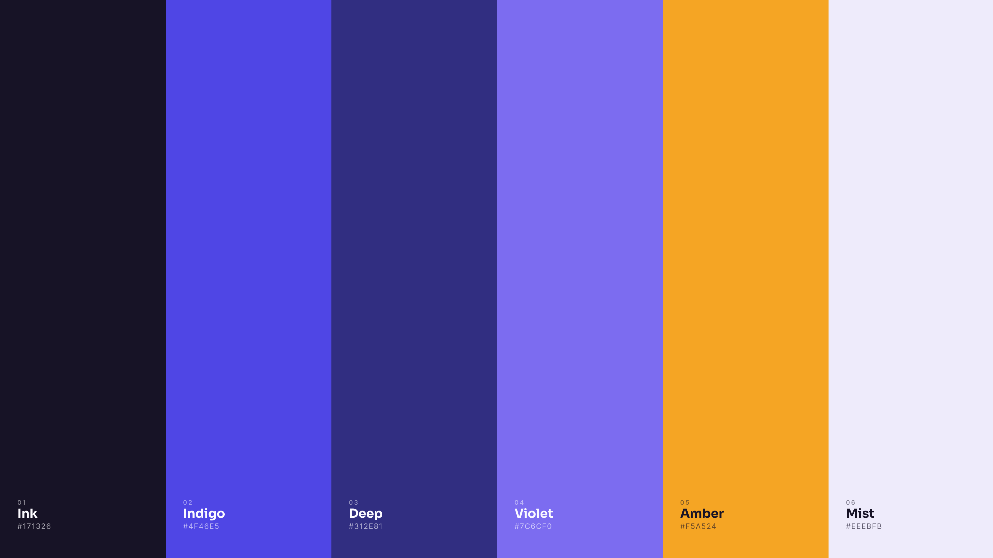 Color palette showing six swatches, from ink and indigo through violet and amber to a light mist, each labeled with its hex value.