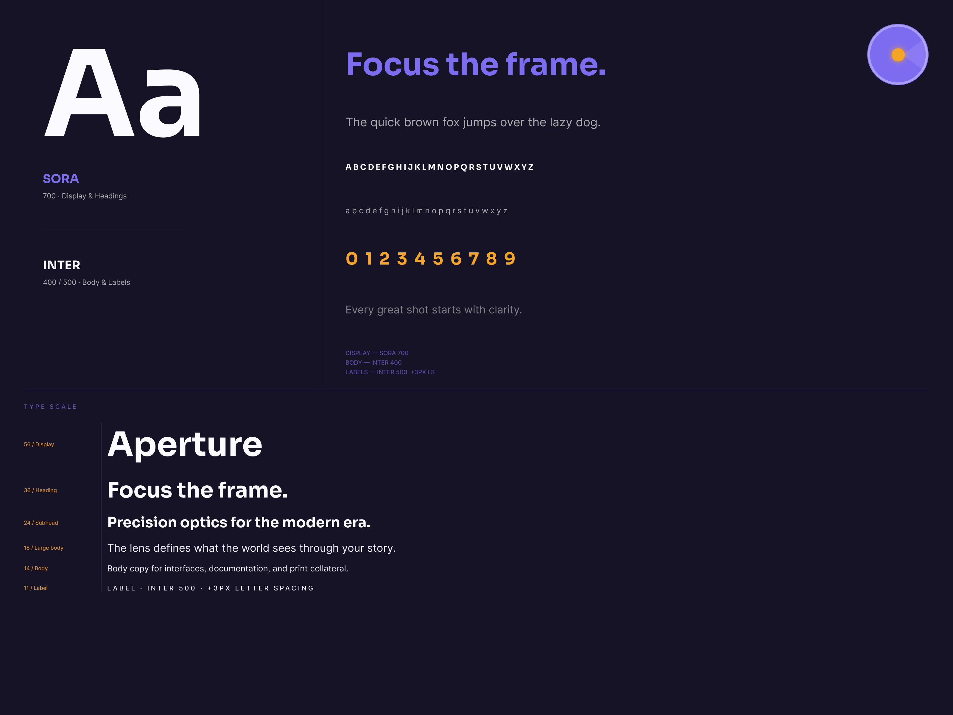 Type specimen showing a large Aa in Sora with the tagline 'Focus the frame.' and the full alphabet, on a dark ink background.