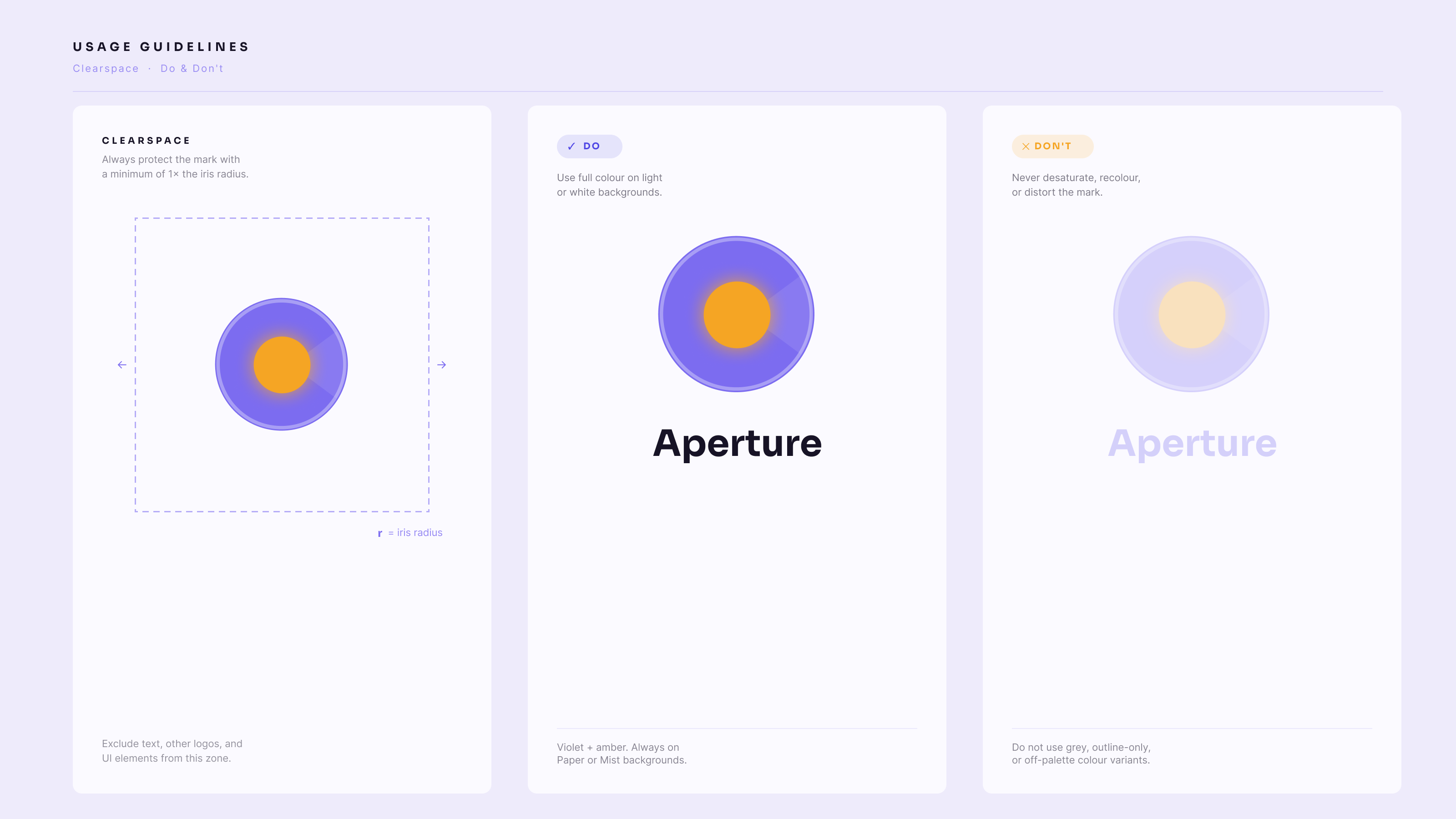 Usage guidelines defining logo clearspace as one iris radius, with correct full-color and incorrect desaturated do/don't examples.