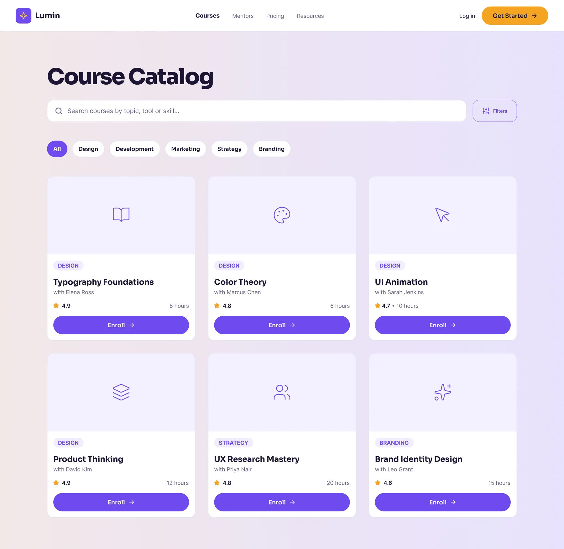 Course catalog with a search field and category filter chips above a grid of course cards, each showing its category, title, instructor, star rating, length, and an Enroll button.
