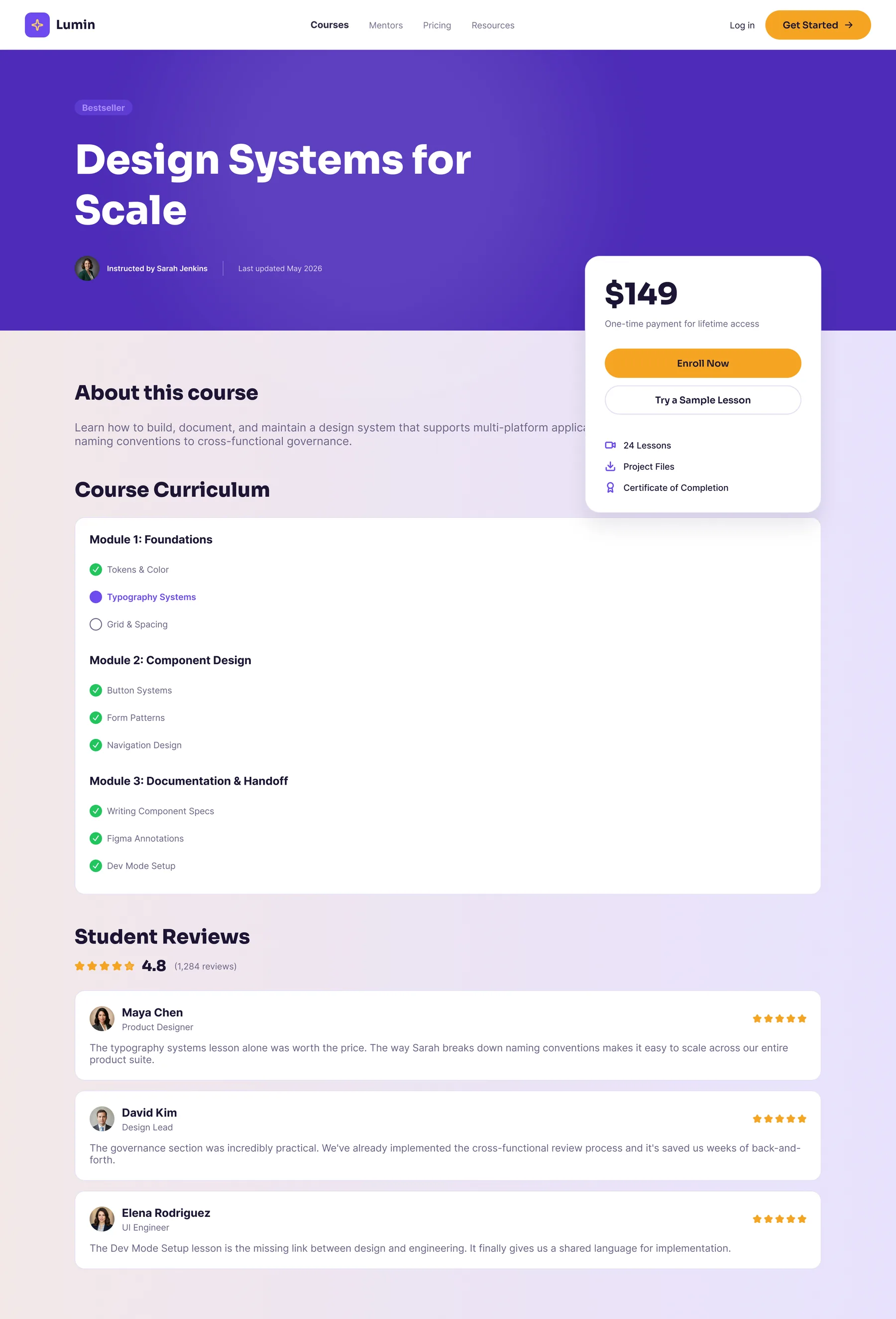 Course detail page for 'Design Systems for Scale', showing a violet hero with instructor and last-updated date, a sticky $149 enrollment card, a three-module curriculum with completion checkmarks, and student reviews.