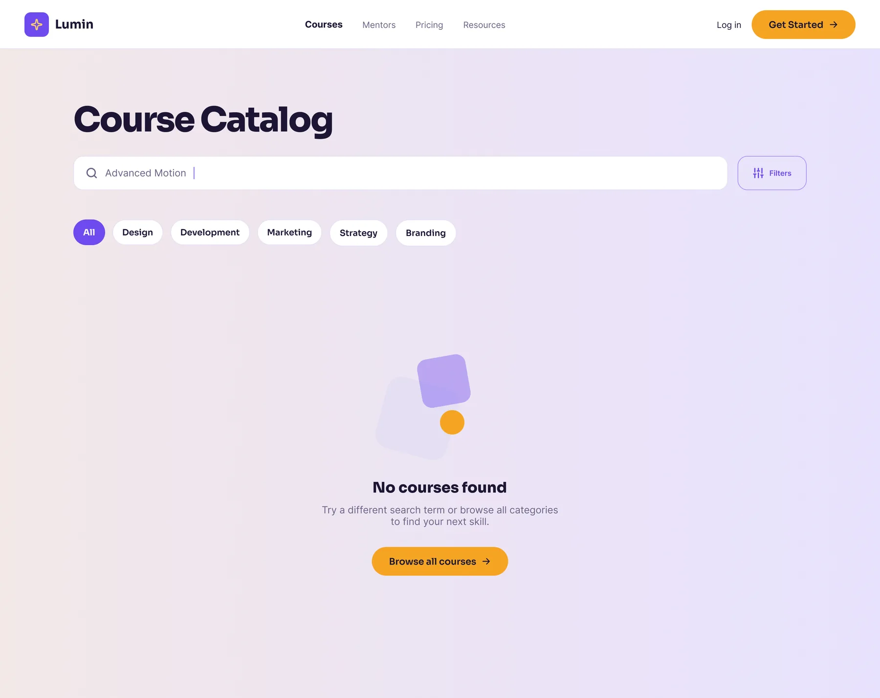 Catalog empty state where a search for 'Advanced Motion' returns 'No courses found' with a friendly illustration and a 'Browse all courses' recovery action.