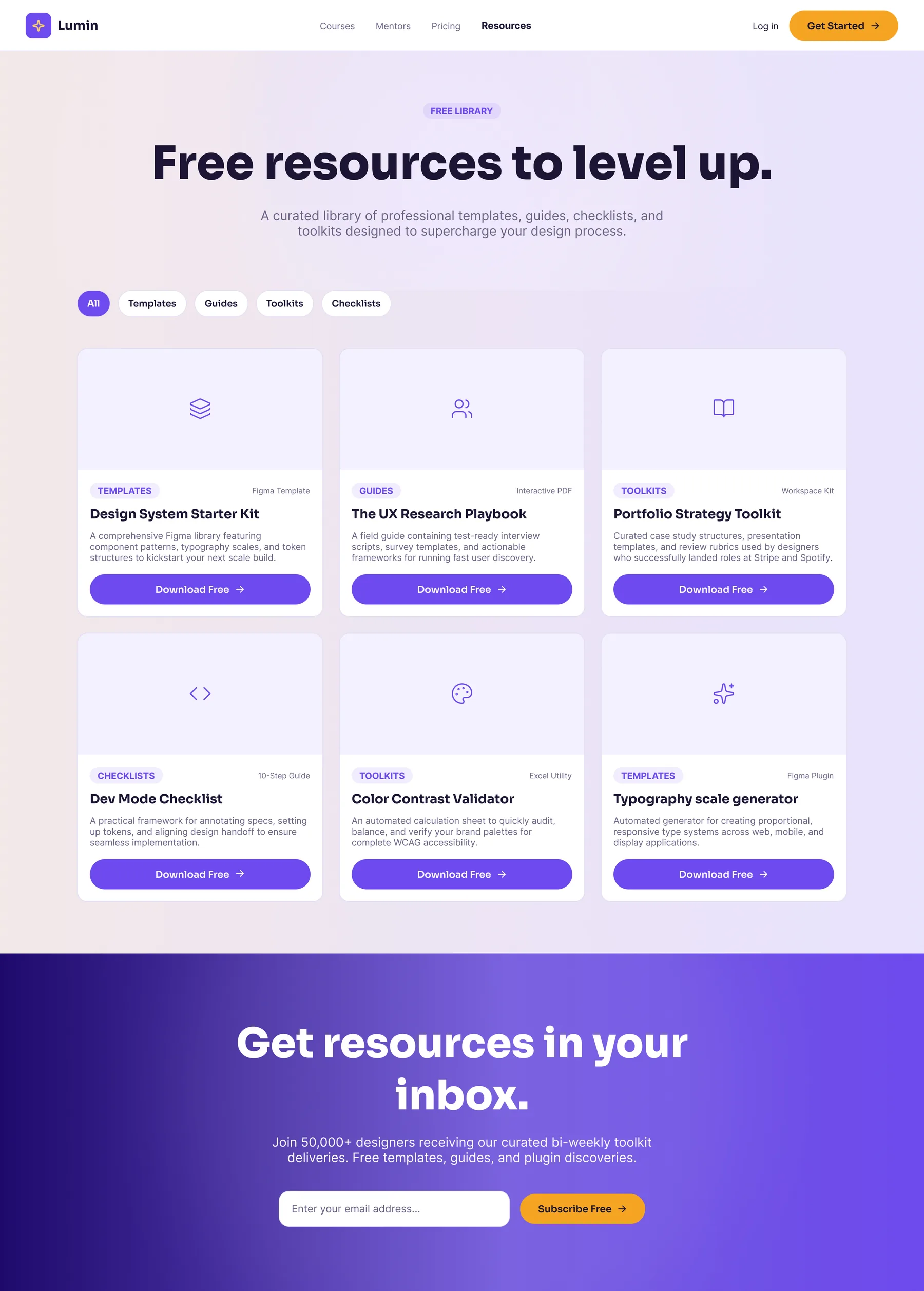 Free resource library with filter chips above a grid of downloadable templates, guides, toolkits and checklists, each with a description and Download Free button, over a newsletter sign-up band.