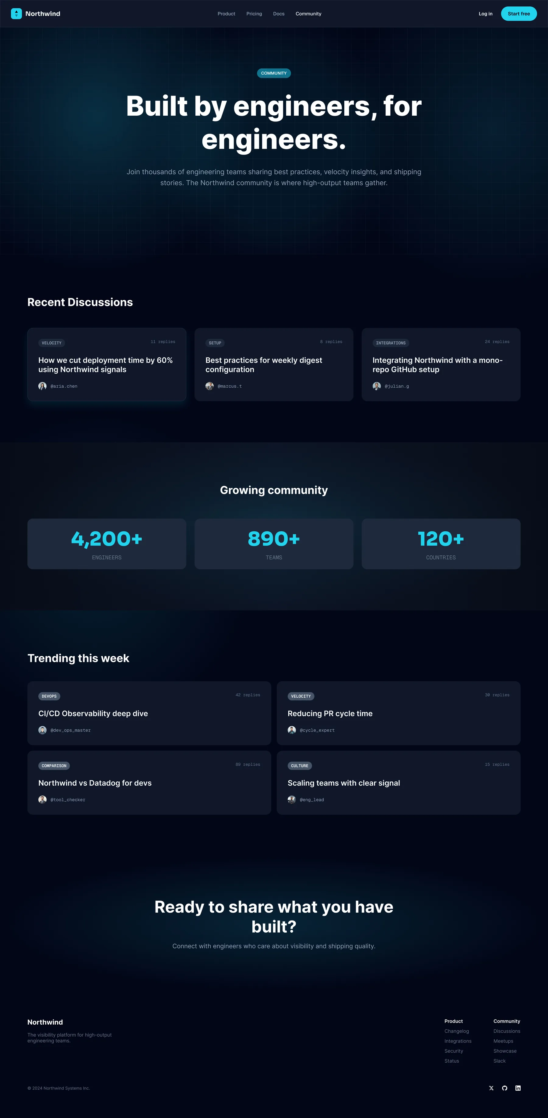 Community page headed 'Built by engineers, for engineers.' above a Recent Discussions row, growth stats (4,200+ engineers, 890+ teams, 120+ countries), a 'Trending this week' thread grid, and a 'Ready to share what you have built?' band.