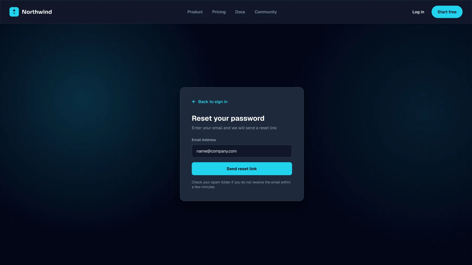 Password-reset screen with a 'Reset your password' card containing an email field, a Send reset link button, and a back-to-sign-in link.