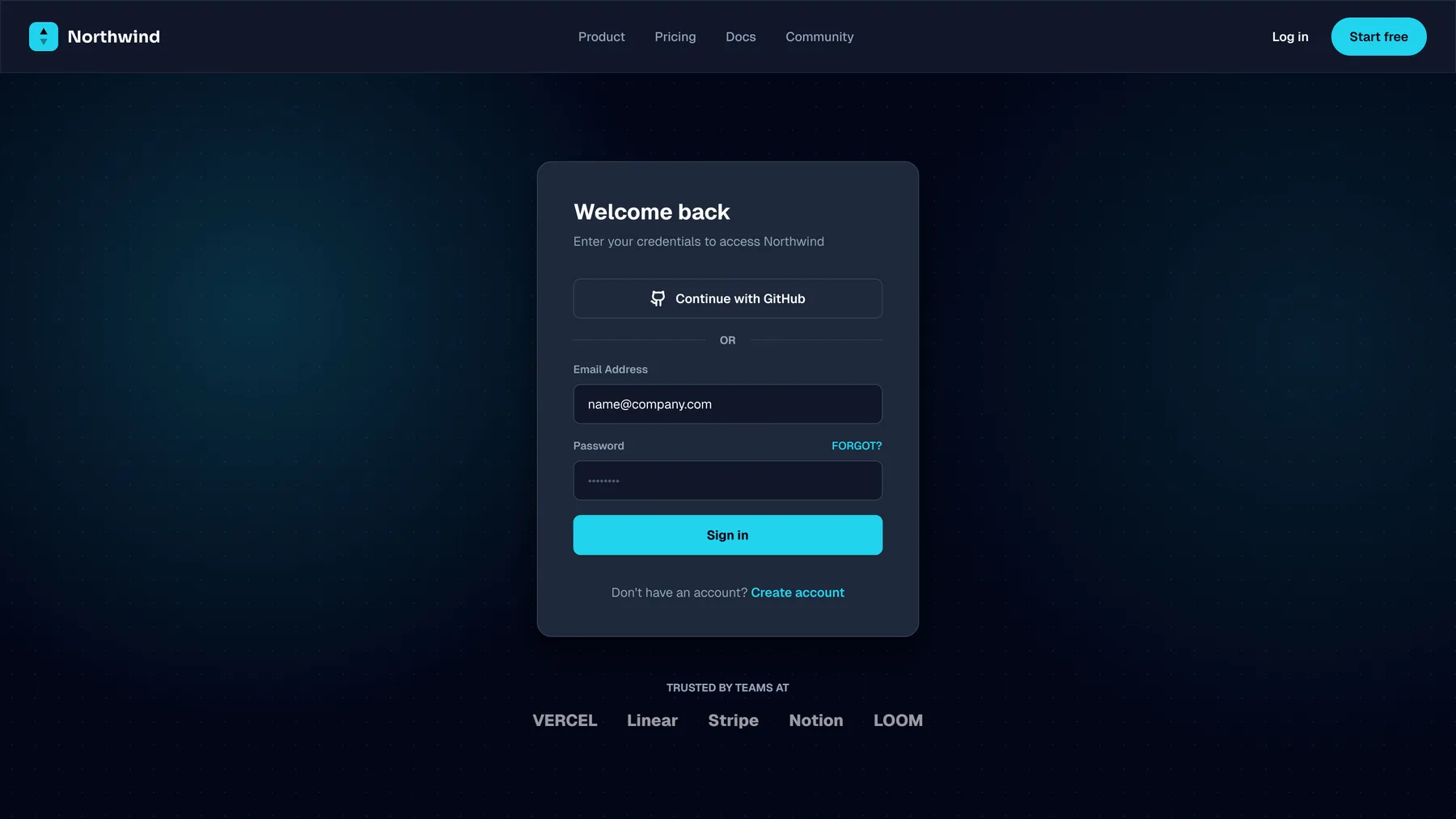 Log-in screen with a 'Welcome back' card offering a Continue-with-GitHub option, email and password fields, a Sign in button, and a trusted-by logo row.