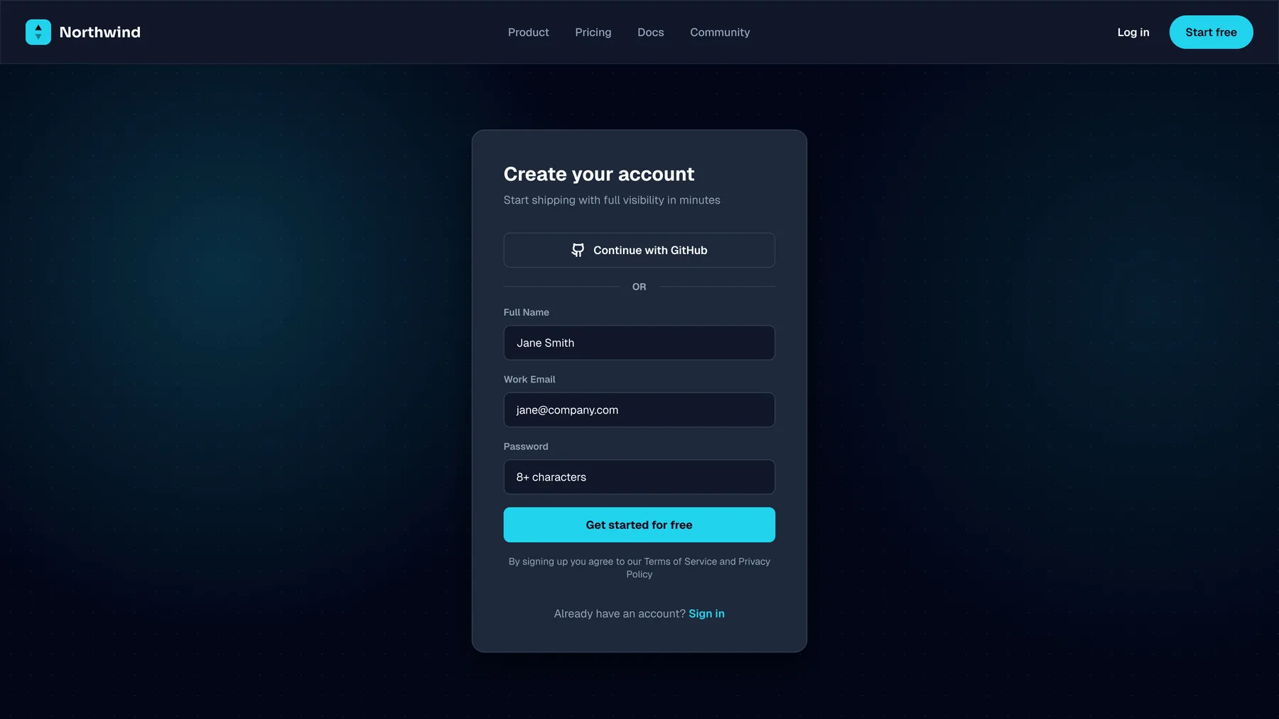 Create-account screen with a 'Create your account' card offering a Continue-with-GitHub option, full-name, work-email and password fields, a 'Get started for free' button, and a link back to sign in.